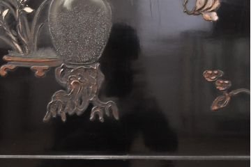  アジアンアンティーク　中国　総漆塗り　漆絵　蒔絵　衝立て(パーテーション、つい立て)(R-055355)