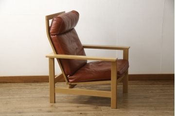 デンマークビンテージ　超美品　オーク材　Fredericia(フレデリシア)　SOREN HOLST(ソーレン・ホルスト)　レザー(本革)　ハイバックイージーチェア(1人掛けソファ、アームソファ、一人掛け、ヴィンテージ、リクライニング、北欧)(R-055425)
