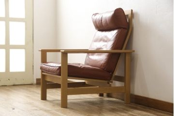 デンマークビンテージ　超美品　オーク材　Fredericia(フレデリシア)　SOREN HOLST(ソーレン・ホルスト)　レザー(本革)　ハイバックイージーチェア(1人掛けソファ、アームソファ、一人掛け、ヴィンテージ、リクライニング、北欧)(R-055425)