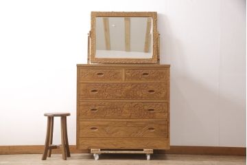中古　美品　軽井沢彫り　伝統工芸　咲き誇る桜の彫刻が美しいドレッシングチェスト(ドレッサー、鏡台、引き出し、ミラー)(R-055461)