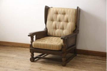 中古　横浜クラシック家具　ノックオンウッド(knockonwood)　コロニアルシリーズ(Hand Made)　英国の伝統スタイルであるウィングバックが印象的な1人掛けソファ(定価約31万円)(ウイングバック、ウィングチェア、1P、アームチェア、一人掛け)(R-055505)
