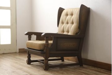 中古　横浜クラシック家具　ノックオンウッド(knockonwood)　コロニアルシリーズ(Hand Made)　英国の伝統スタイルであるウィングバックが印象的な1人掛けソファ(定価約31万円)(ウイングバック、ウィングチェア、1P、アームチェア、一人掛け)(R-055505)