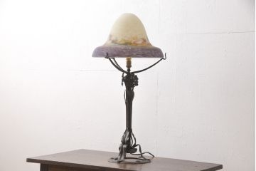 フランスアンティーク　アールヌーヴォー期　ミューラー兄弟(Muller Freres Luneville)　ヴィトリフィカシオン彩のガラスシェードが魅力的なスタンドライト(フロアスタンド、卓上照明)(R-055622)