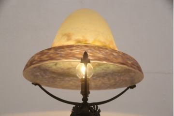 フランスアンティーク　アールヌーヴォー期　ミューラー兄弟(Muller Freres Luneville)　ヴィトリフィカシオン彩のガラスシェードが魅力的なスタンドライト(フロアスタンド、卓上照明)(R-055622)