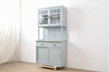 和製アンティーク　ペイントカラーが可愛らしいカップボード(キャビネット、食器棚、収納棚、戸棚)(R-055646)