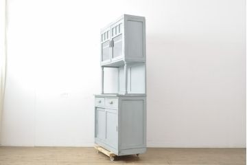 和製アンティーク　ペイントカラーが可愛らしいカップボード(キャビネット、食器棚、収納棚、戸棚)(R-055646)