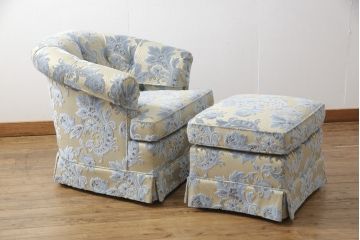 中古　超美品　DREXEL HERITAGE(ドレクセルヘリテイジ)　 Upholstery(アップホルスタリー)　エレガントな佇まいの1人掛けソファ+オットマンセット(一人掛け、1P、アームソファ)(定価約70万円)(R-055656)