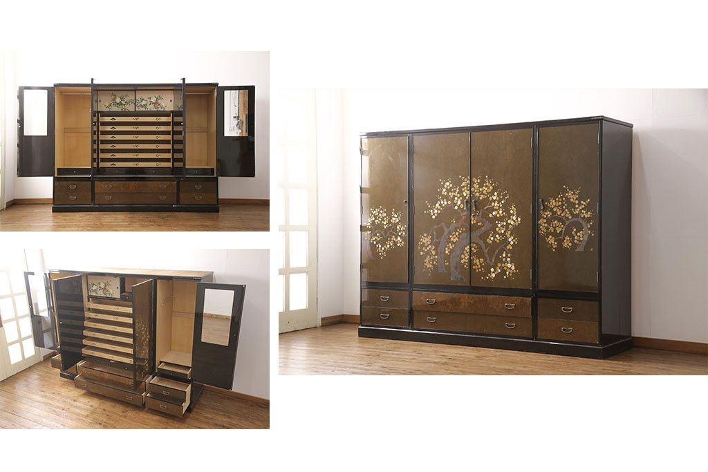 希少! 和製ビンテージ 尾形光琳? 紅白梅図を思わせる図柄が目を引く高級和箪笥(着物箪笥、衣装箪笥、ワードローブ、ヴィンテージ)(R-055691)