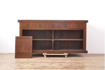 中古　美品　上手物!　栗材　凝ったつくりが目を引く趣ある水屋箪笥サイドボード(収納箪笥、重ね箪笥、食器棚、収納棚)(R-055717)