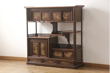 中古　美品　最高級　総シタン材(紫檀)　高蒔絵入り　大振りなサイズで存在感抜群の飾り棚(茶棚、茶箪笥、戸棚、収納棚)(R-055888)