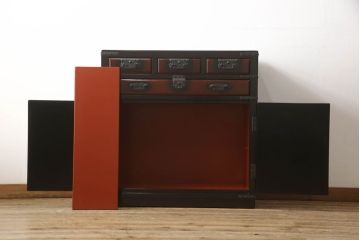 中古　美品　民芸城山　重厚な雰囲気漂う高級品の一閑張りチェスト(一貫張り、衣装箪笥、収納タンス、たんす、引き出し)(R-055901)