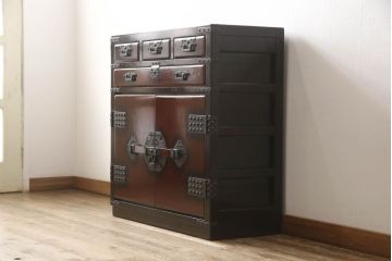 中古　美品　民芸城山　重厚な雰囲気漂う高級品の一閑張りチェスト(一貫張り、衣装箪笥、収納タンス、たんす、引き出し)(R-055901)
