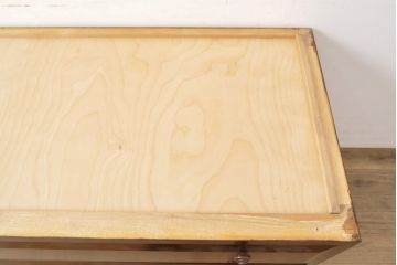 中古　松本民芸家具　ヒノキ天板・脚(台輪)付きリメイク　幅広の引き出しが付いたローチェスト(引き出し、リビングボード、サイドチェスト)(R-055925)