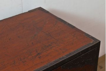 アンティーク家具　前面ケヤキ材　玉杢　分厚い金具が目を引く上手物の佐渡小木箪笥(佐渡箪笥、時代箪笥、和たんす、ローボード、ローチェスト、引き出し)(R-055958)