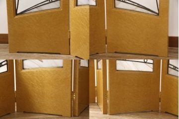 在庫未使用品　IDC大塚家具　松創　バーズアイ(鳥眼杢)　メープル　ステンドグラスが上品な4面衝立(定価約195万円)(つい立て、パーテーション)(R-055959)