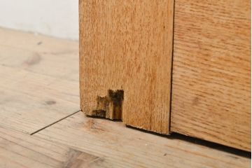 アンティーク建具　ストリップド仕上げ　総欅(ケヤキ)無垢材製!上質なガラス窓付き両開きドア1対(扉、玄関ドア)(R-055977)