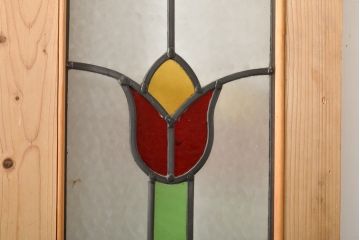 アンティーク建具　イギリス製　ナチュラルなパイン材製!かわいいステンドグラスドア(扉、玄関ドア)(R-055978)