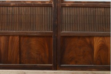 腰板欅材　裏障子付　和風の上質な味わいが漂うアンティーク格子戸4枚セット(引き戸、ガラス帯戸、建具)(R-056072)