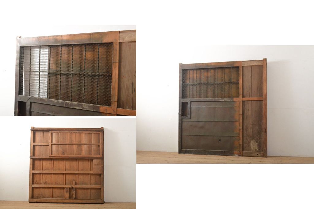 アンティーク建具　明治期　希少　窓付き!珍しい作りの銅板付き格子蔵戸　(R-056075)