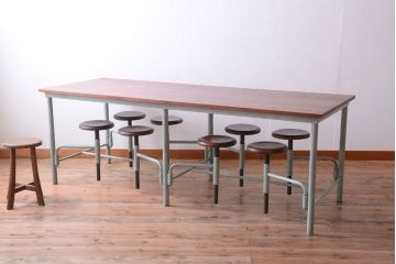 ラフジュ工房オリジナル　ユニークなデザインが魅力的な格納スツール8脚付きテーブル(8人用ダイニングテーブル、作業台、ワークスペース)(R-056077)