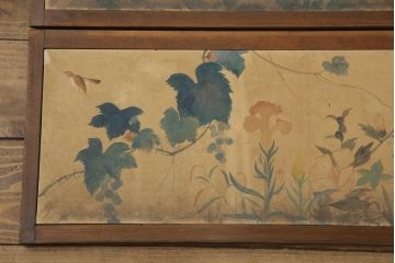 和製アンティーク　前面フレームケヤキ材　引き戸に描かれた花鳥の絵がかわいらしい横長置床(テレビ台、ローボード、戸棚、収納棚)(R-056101)