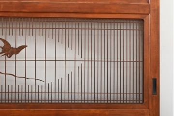 腰板欅材　鶴亀・松竹梅の縁起物飾り付き　アンティーク組子帯戸4枚セット(引き戸、建具)(R-056109)
