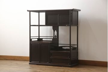 和製アンティーク　昭和中期　紫檀(シタン)材　透かし彫りが目を引く上品でモダンな佇まいの飾り棚(茶棚、戸棚、収納棚)(R-056155)
