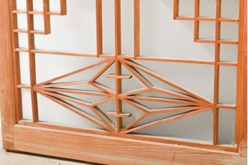 アンティーク建具　麻の葉　組子入り和の趣漂うガラス窓2枚セット(ガラス戸、組子建具、引き戸)(R-056196)