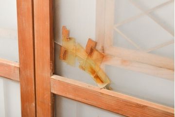 アンティーク建具　麻の葉　組子入り和の趣漂うガラス窓2枚セット(ガラス戸、組子建具、引き戸)(R-056196)