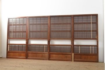 アンティーク建具　ガラス帯入り　レトロな裏障子付き格子戸4枚セット(引き戸)(R-056198)