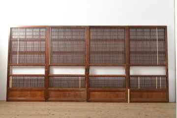 アンティーク建具　ガラス帯入り　レトロな裏障子付き格子戸4枚セット(引き戸)(R-056198)