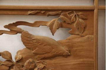 アンティーク建具　在銘　彫武　生き生きとした牡丹と鶏が描かれた彫刻欄間2枚セット(明かり取り、明り取り)(R-056203)