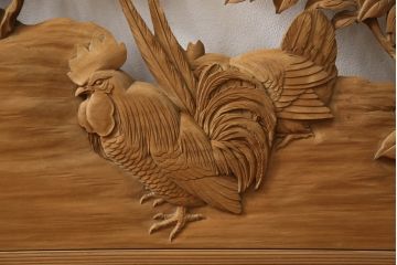 アンティーク建具　在銘　彫武　生き生きとした牡丹と鶏が描かれた彫刻欄間2枚セット(明かり取り、明り取り)(R-056203)