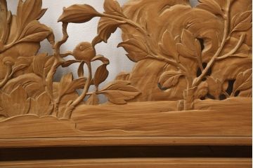 アンティーク建具　在銘　彫武　生き生きとした牡丹と鶏が描かれた彫刻欄間2枚セット(明かり取り、明り取り)(R-056203)