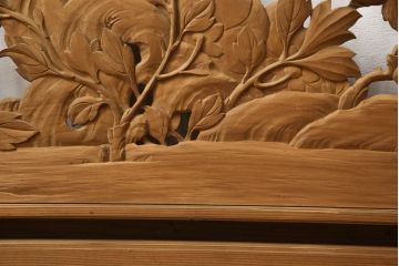 アンティーク建具　在銘　彫武　生き生きとした牡丹と鶏が描かれた彫刻欄間2枚セット(明かり取り、明り取り)(R-056203)