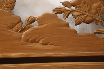 アンティーク建具　在銘　彫武　生き生きとした牡丹と鶏が描かれた彫刻欄間2枚セット(明かり取り、明り取り)(R-056203)