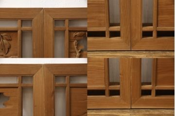 アンティーク建具　在銘　彫武　生き生きとした牡丹と鶏が描かれた彫刻欄間2枚セット(明かり取り、明り取り)(R-056203)