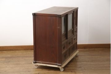 和製アンティーク　上手物!　前面ケヤキ材(欅)　玉杢　独特な杢目が印象的な関東水屋箪笥サイドボード(食器棚、キャビネット、収納棚、戸棚)(R-056297)