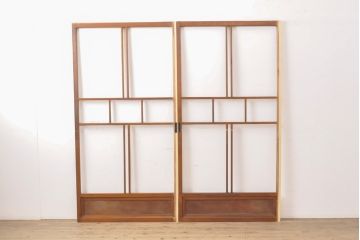 アンティーク建具　レトロな格子模様がおしゃれなガラス戸2枚セット(引き戸)(R-056360)