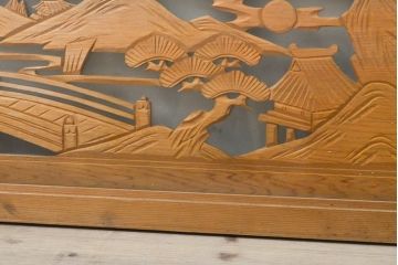 アンティーク建具　ガラス入り　山水図　レトロな彫刻欄間2枚セット(明り取り、明かり取り)(R-056382)