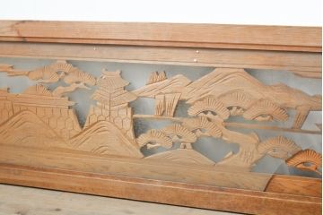アンティーク建具　ガラス入り　山水図　レトロな彫刻欄間2枚セット(明り取り、明かり取り)(R-056382)