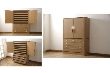 中古　美品　伝統工芸品　大阪泉州　衣装盆付き　桑材のアクセントがモダンな雰囲気を醸し出す総桐箪笥(胴丸)(総桐たんす、引き出し、チェスト、着物箪笥、和タンス)(R-056390)