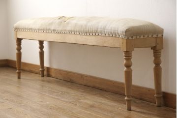 フランスアンティーク　パイン材製　クラシカルなろくろ脚がステキな木製ベンチ(長椅子、イス)(R-056400)