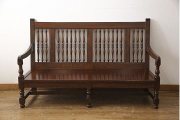 中古　美品　松本民芸家具　洋館に似合う佇まいのD型布張り椅子(ベンチ、ソファ、3人掛けソファ)(定価約55万円)(R-056428)