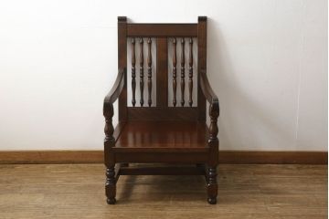 中古　美品　松本民芸家具　洋館に似合う佇まいのD型布張り椅子(ベンチ、アームチェア、1人掛けソファ)(R-056429)