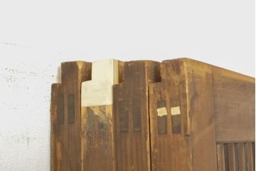 アンティーク建具　丸みのある縦桟が美しい裏障子付き格子戸4枚セット(引き戸、ガラス帯戸)(R-056464)