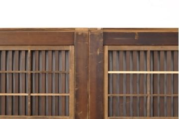 アンティーク建具　丸みのある縦桟が美しい裏障子付き格子戸4枚セット(引き戸、ガラス帯戸)(R-056464)