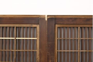 アンティーク建具　丸みのある縦桟が美しい裏障子付き格子戸4枚セット(引き戸、ガラス帯戸)(R-056464)