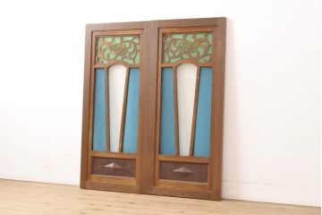 アンティーク建具　大正ロマン　色ガラス入り!フィックスガラス窓2枚セット(欄間、明り取り、はめごろし)(R-056478)