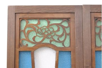 アンティーク建具　大正ロマン　色ガラス入り!フィックスガラス窓2枚セット(欄間、明り取り、はめごろし)(R-056478)